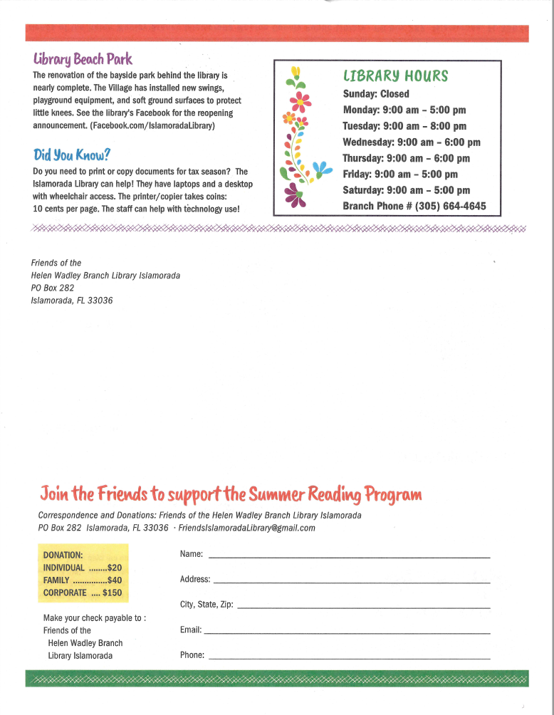 Friends of the Islamorada Branch Library newsletter page two, including information to sign up.