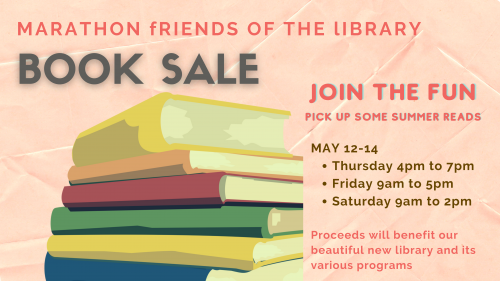 Flyer for book sale at Marathon library, image of books with text
