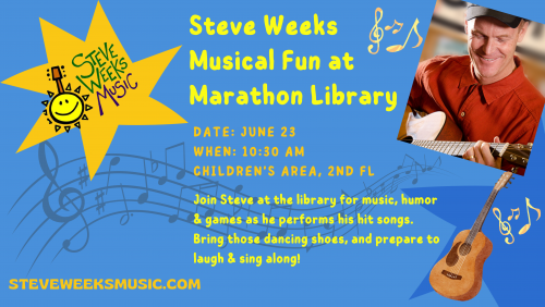 IMage of music and musician steve weeks with text about date and time of performance