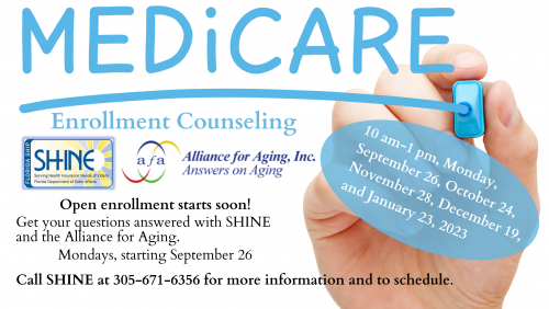 Image of hand writing word Medicare and text about upcoming enrollment counseling sessions