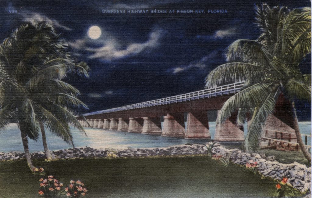 A colored poscard showing a bridge, part of an island and palm trees at night