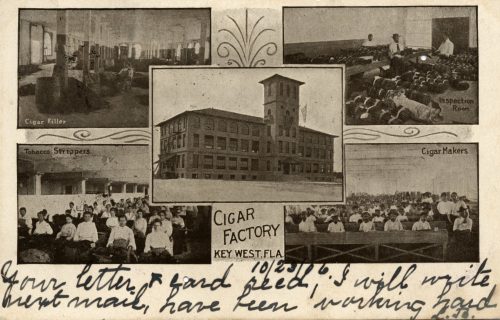 Five images showing a three story building with a tower and then four images of workers in the interior. it is labeled cigar factory key west florida