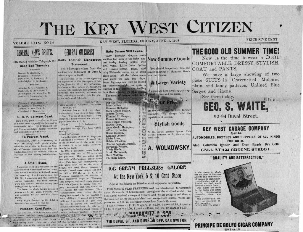 The front page of the Key West Citizen from June 12, 1908.
