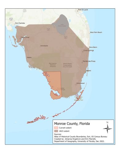 A map of the southern half of Florida with the original boundaries of Monroe County in brown and the current boundaries in orange.