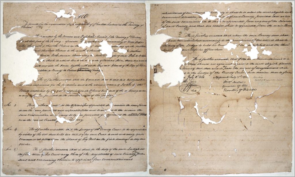A handwritten manuscript with some tears and missing pieces, titled An Act to provide for the organization of a county south of CHarlotte Harbour in the Territory of Florida.