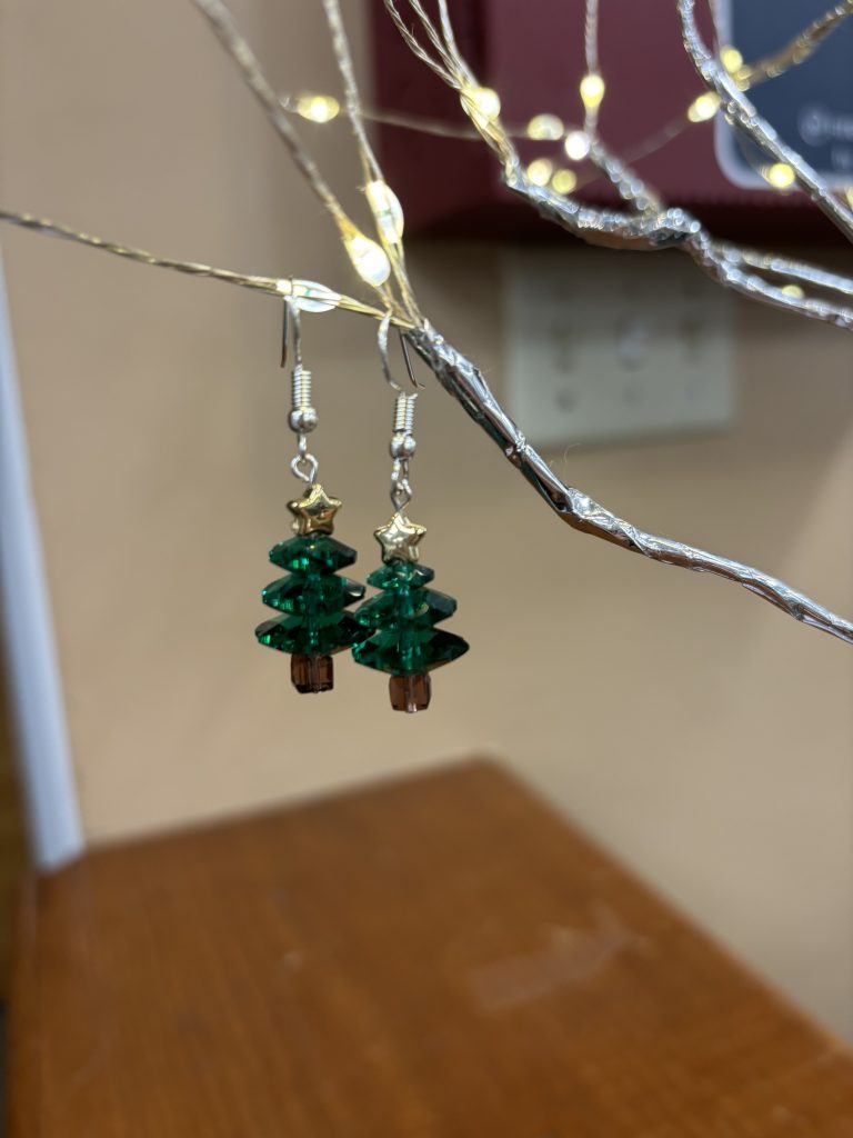 Christmas tree earrings for Adult Jewelry Class at the Key West Library on December 22 at 3 pm.