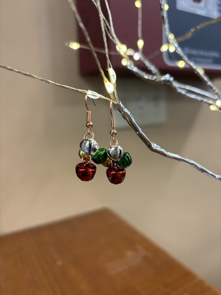 Jingle bell earrings for Adult Jewelry Class at the Key West Library on December 29 at 10am.
