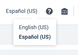 Text says espanol (US) with a drop down menu reading English (US) and Espanol (US). Images of a question mark and an open book.