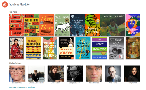 Text reads you may also like followed by two rows of book cover images. Text reads similar authors followed by one row of author images. Text reads See more recommendations.