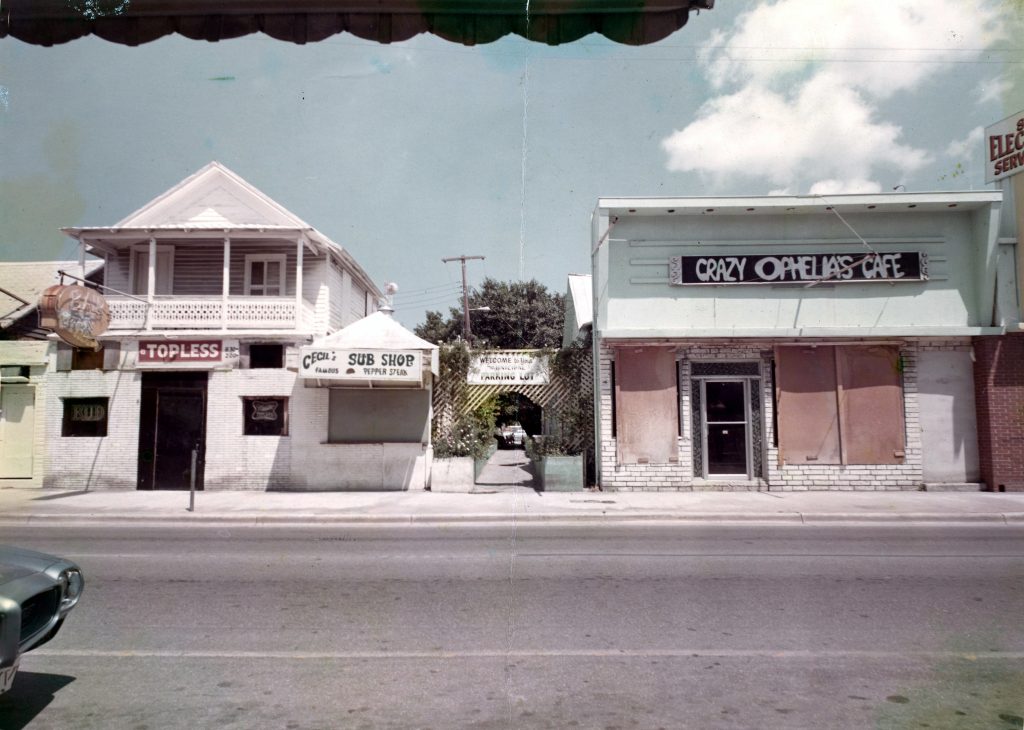 A row of buildings along a street with signs on their fronts reading Topless, Cecile's Sub Shop and Crazy Ophelia's Cafe.