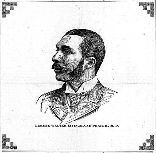 An engraving of a man seen from the side. Text reads Lemuel Walter Livingston Phar. D. M.D.