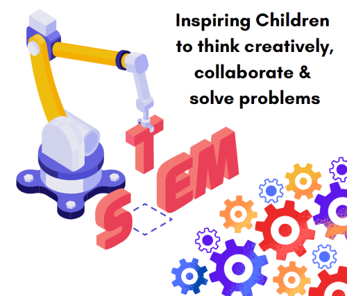 Text reads inspiring children to hink creatively, collaborate and solve problmes. Image of a bulldozer dropping the T insto the word STEM and graphics of gears.