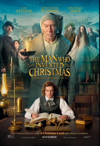 movie poster with a man sitting at a desk and other figures behind him. Text reads The Man who invented christmas.
