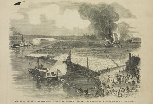Image of boats attacking a shoreline with men on shore running toward them.