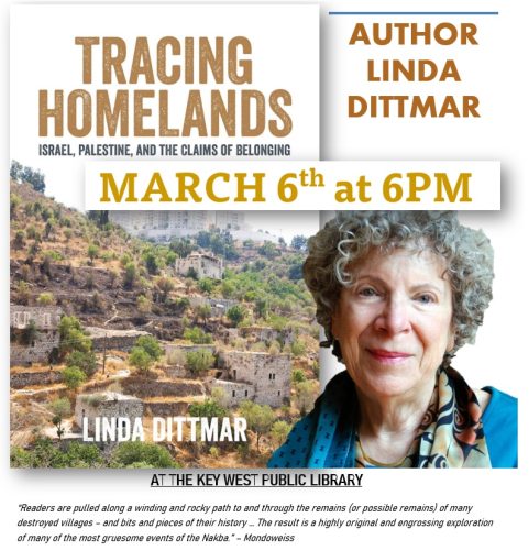 Text reads Tracing Homelands, Author Linda Dittmar, March sixth at six p m.