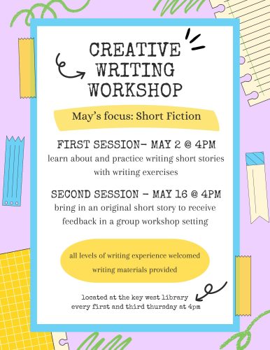 Creative Writing Workshop on May 2 at 4pm at the Key West Library.