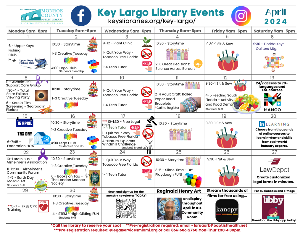 An April calendar of events at the Key largo Library branch.