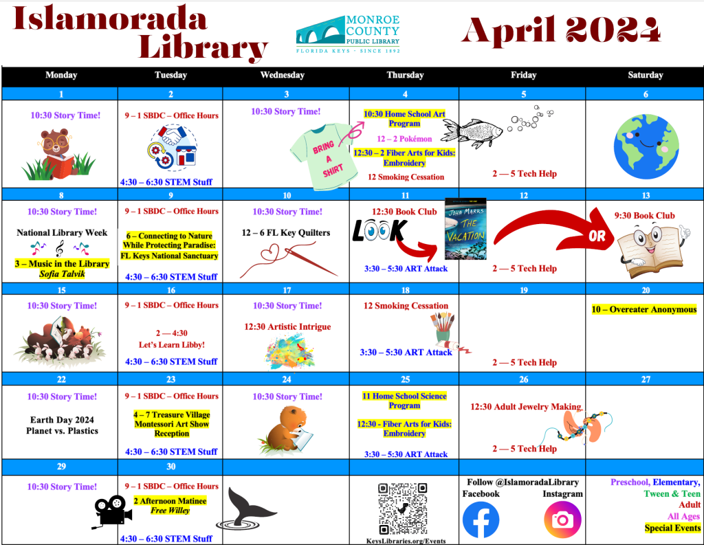 Islamorada calendar April twenty twenty four. Monthly calendar with events for Islamorada branch of the Monroe County Public Library.