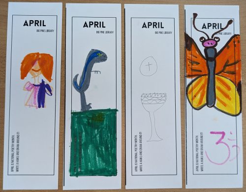 Four bookmarks with the printing April Big Pine Library and April is national poetry month and hand drawn illustrations.