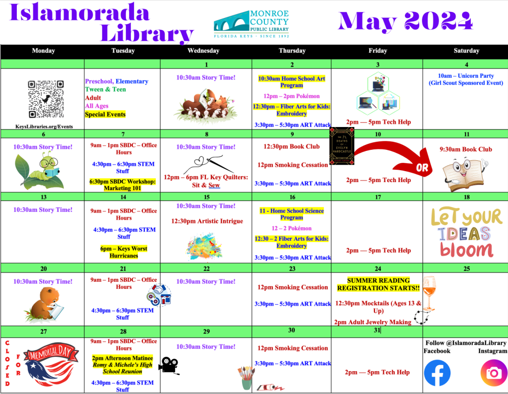 Calendar of events for the Islamorada Library May 2024