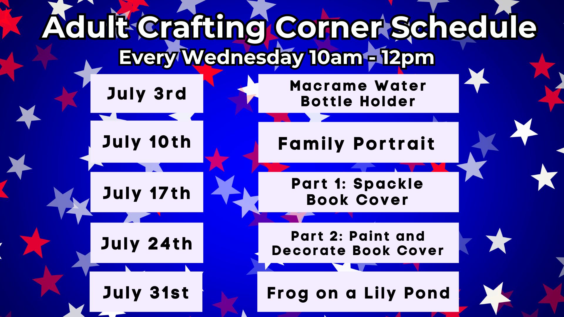 Adult Crafting Corner Schedule July 2024