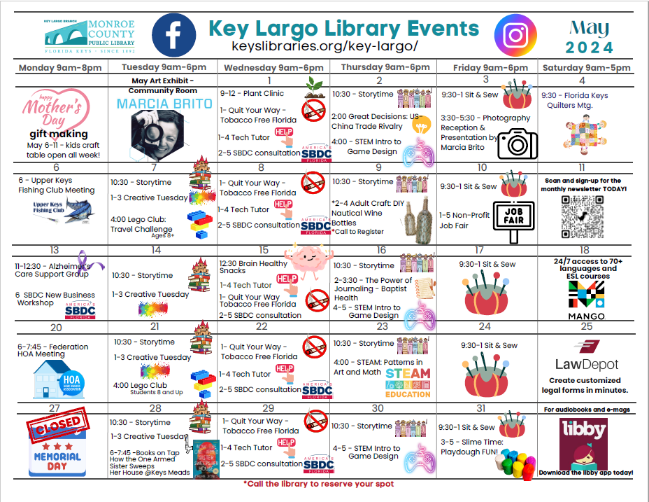 A monthly calendar of events for the Monroe County Public Library Key Largo branch May twenty twenty four - keys libraries dot org slash key hyphen largo