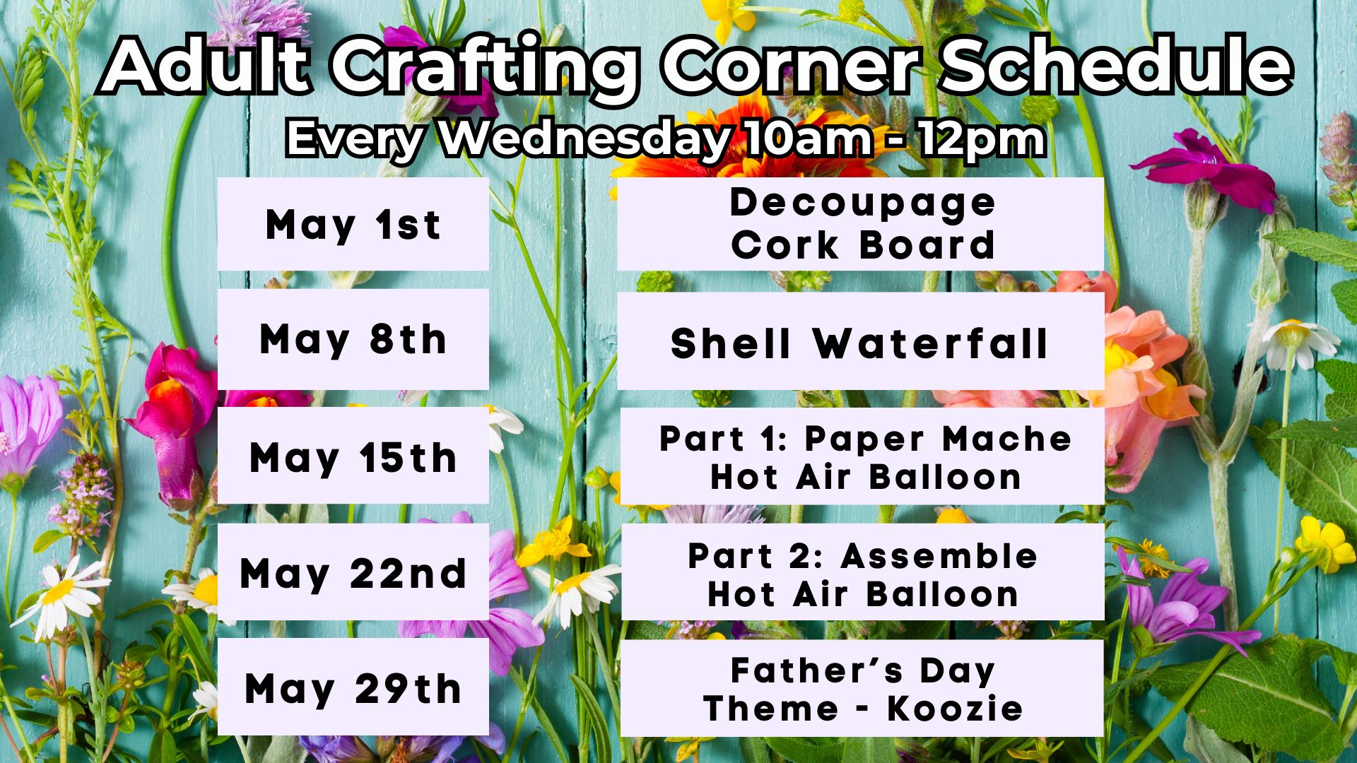 Adult Crafting Corner every Wednesday at 10am at the Key West Library.