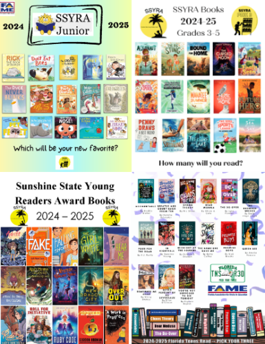 Posters showing book covers for the 2024-25 books for Sunshine State Young Readers Awards - Junio, grades three through five, grades six through eight and Florida Teen Reads.