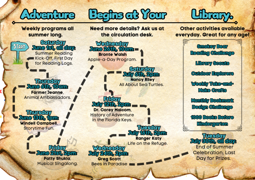 Schedule for Summer Reading events at the Big Pine Key Library branch.