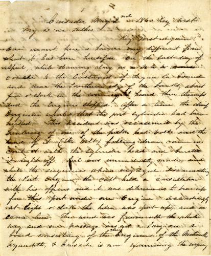 A handwritten letter with water damage in the corner