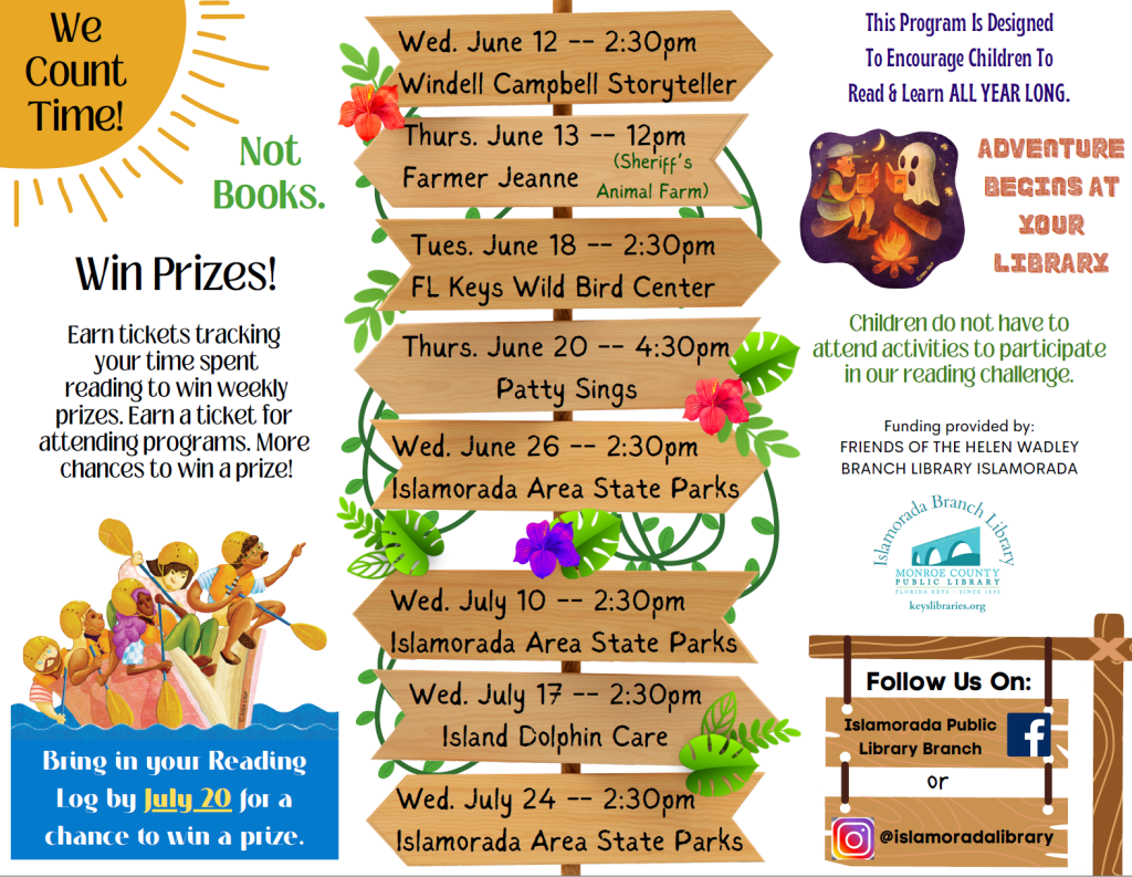 schedule for Summer reading programs in June and july 2024 at the Islamorada library branch.