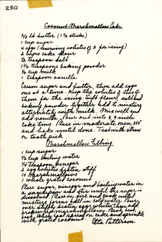 A handwritten recipe for coconut marshmallow cake, signed at the bottom by Etta Patterson