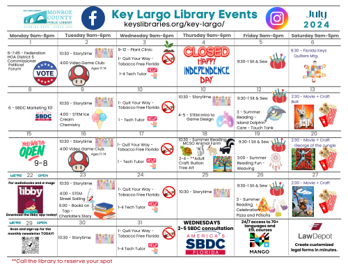 Key Largo Library events. keyslibraries.org/key-largo. July 2024. Monthly calendar with listings for each day.