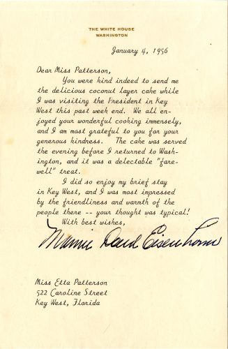 Letter on White House letterhead from Mamie Eisenhower to Etta Patterson thanking her for "the delicious coconut layer cake" Patterson gave to them.
