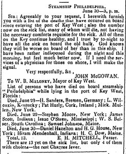 Letter from the Steamship Philadelphia on June 30, 1852, to the Mayor of Key West regarding the people who died on board the ship while in port at Key West.