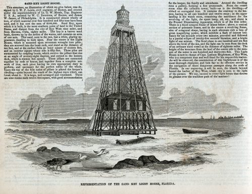 An engraving of a lighthouse on a small island with text on either side of the image titled Sand Key Lighthouse.