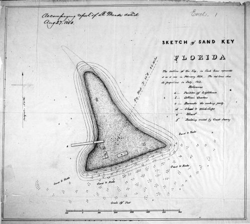 A chart of an island. Text on image reads Sketch of Sand Key Florida. The outline of the key in black lines represents it as it was on February 1850. The red lines show its proportions in July 1855. References a - position of lighthouse. b - officers quarters. c - barracks for working party. d - shed and workshop. e - wharf. f - building erected by coast survey.