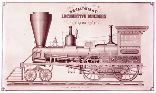 A drawing of a locomotive. M.W. Baldwin & Co. Locomotive Builders. Philadelphia. Passenger Locomotive Engine Plan C.