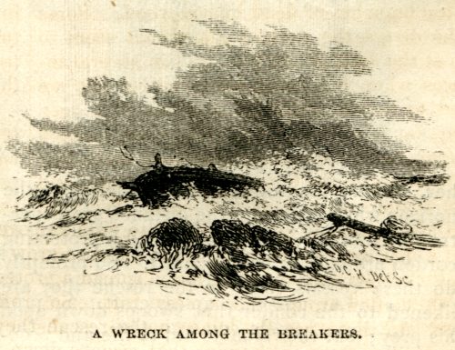 Engraving of a ship on rocks, half overturned. Text on the bottom reads A wreck among the breakers.