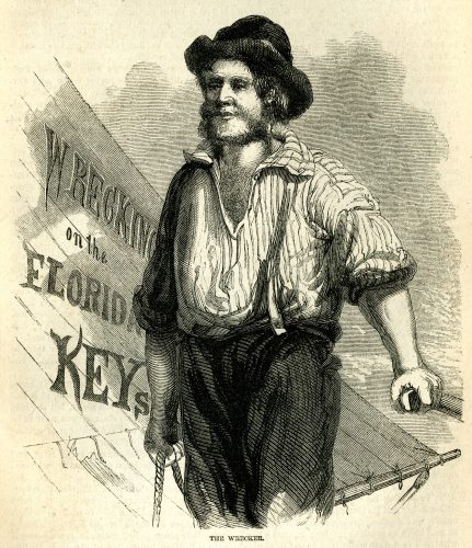 Engraving of a man with the words Wrecking on the Florida Keys on a sail behind him and The Wrecker written underneath.