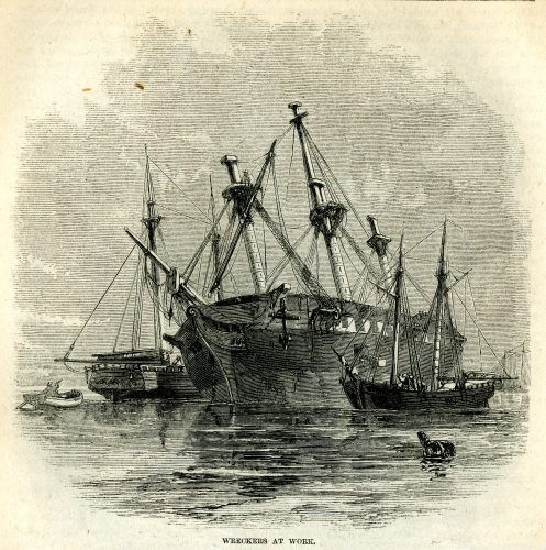 Engraving of a large ship partly on its side with smaller ships alongside. Text at the bottom reads Wreckers at work.