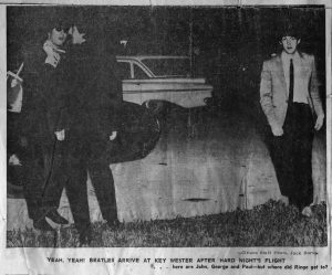 Newspaper photo of three men, caption reads Yeah, Yah! Beatles arrive at Key Wester after Hard Night's Flight ... here are John, George and Paul - but where did Ringo get to? Citizen staff photo, Jack Burke.