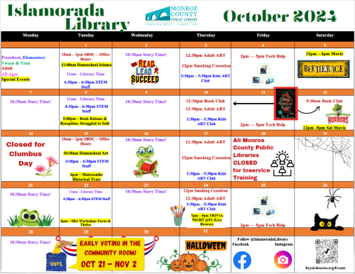 Islamorada Library October 2024. Events calendar for the Islamorada Library branch.