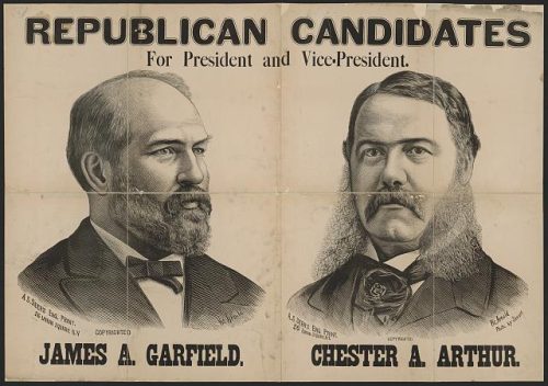 Republican candidates for President and Vice-President James A. Garfield, Chester A Arthur. Engravings of two men.