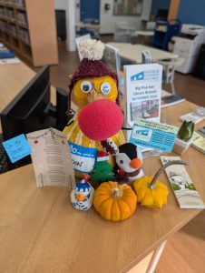 A gourd with google eyes, a hat and red nose and a name tag that says Gordon.