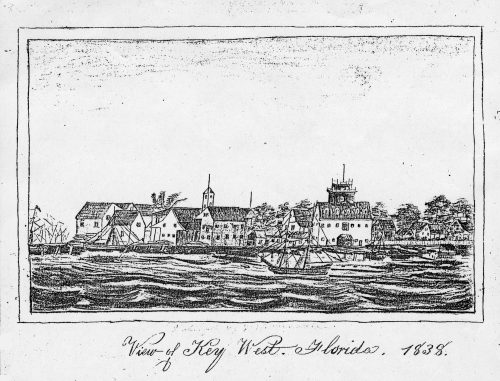 Drawing of a waterfront, handwriting reads view of Key West Florida, 1838.