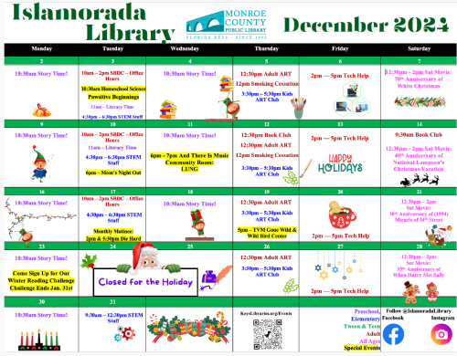 Islamorada Library December 2024. Monthly calendar with events and information on each date.