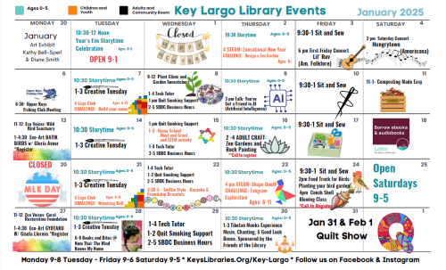 Key Largo Library events. January 2025. Monthly calendar with events on each date.