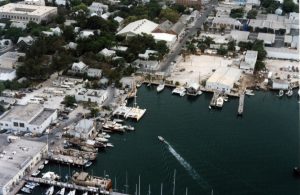 Aerial photo of a marina with buildings around it.