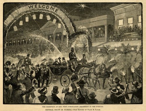 Engraving of a man in a carriage tipping his hat to a crowd as he passes beneath an arch that reads Welcome. Text underneath reads The reception at Key West - torchlight procession in the evening. General Grand in Florida. From sketches by Frank H. Taylor.